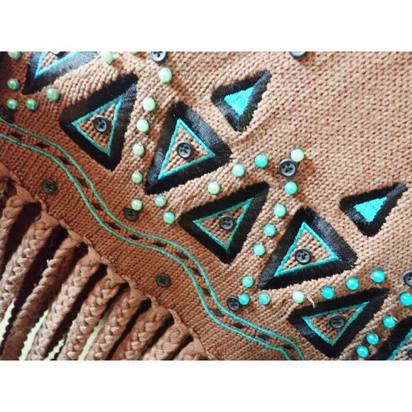 Bob Mackie Wearable Art Brown Full-Zip Sweater Beaded Turquoise Fringe Medium - Picture 6 of 10